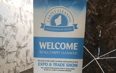 Welcome sign at the entrance of WA's carpet cleaning expo event.