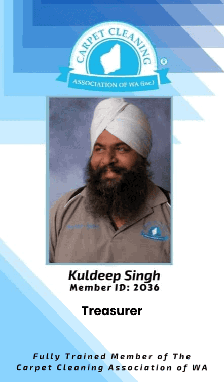 Portrait of Kuldeep Singh, Treasurer of the Carpet Cleaning Association of WA, wearing the association uniform.