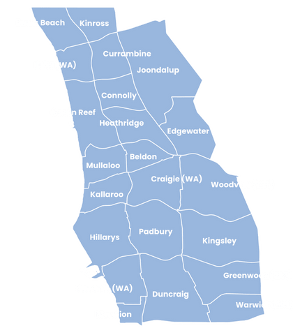 Map showing Joondalup and surrounding northern Perth suburbs serviced by certified Carpet Cleaning Association of WA (CCAWA) members.